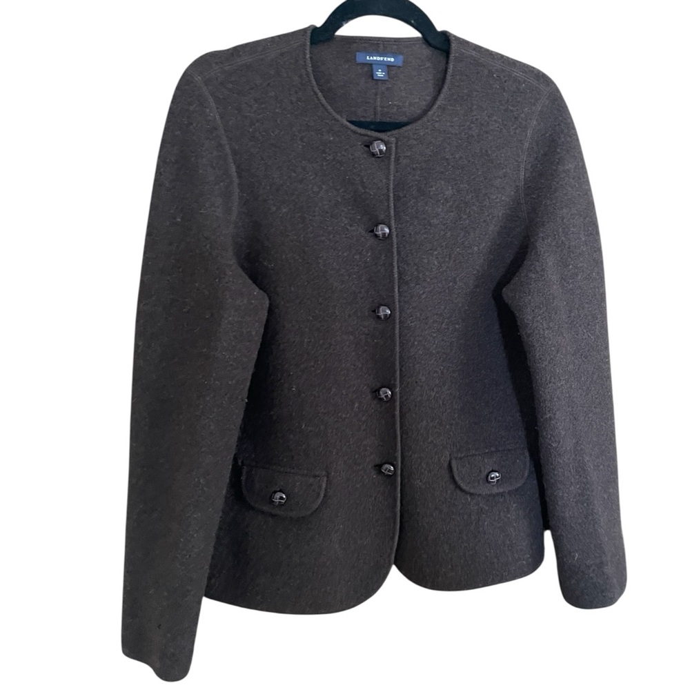 LANDS’ END Women's Brown 100% Wool Collarless Button Front Blazer Sweater, SZ 10